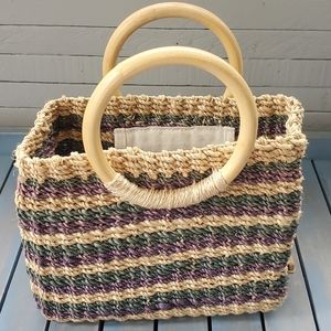 NINE & CO. Woven Straw Wood Handled Small Purse Green/Purple Stripes